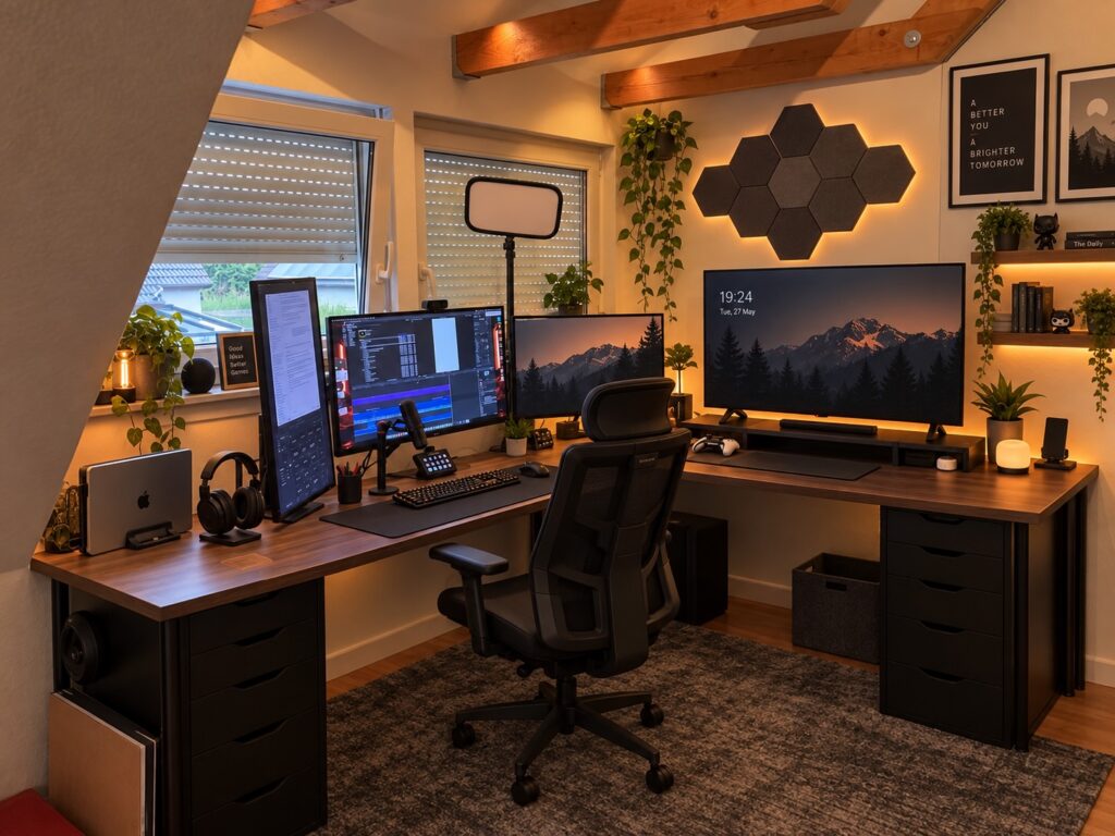 GoodyGaming Gaming- und Creator-Setup mit mehreren Monitoren, Mikrofon und großer Gaming-Anzeige
